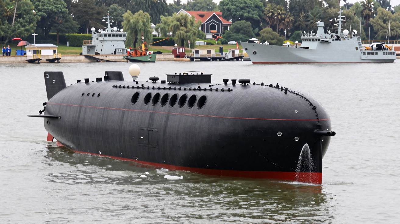 Submarino preto à superfície do mar perto de navios e uma costa com árvores e construções.