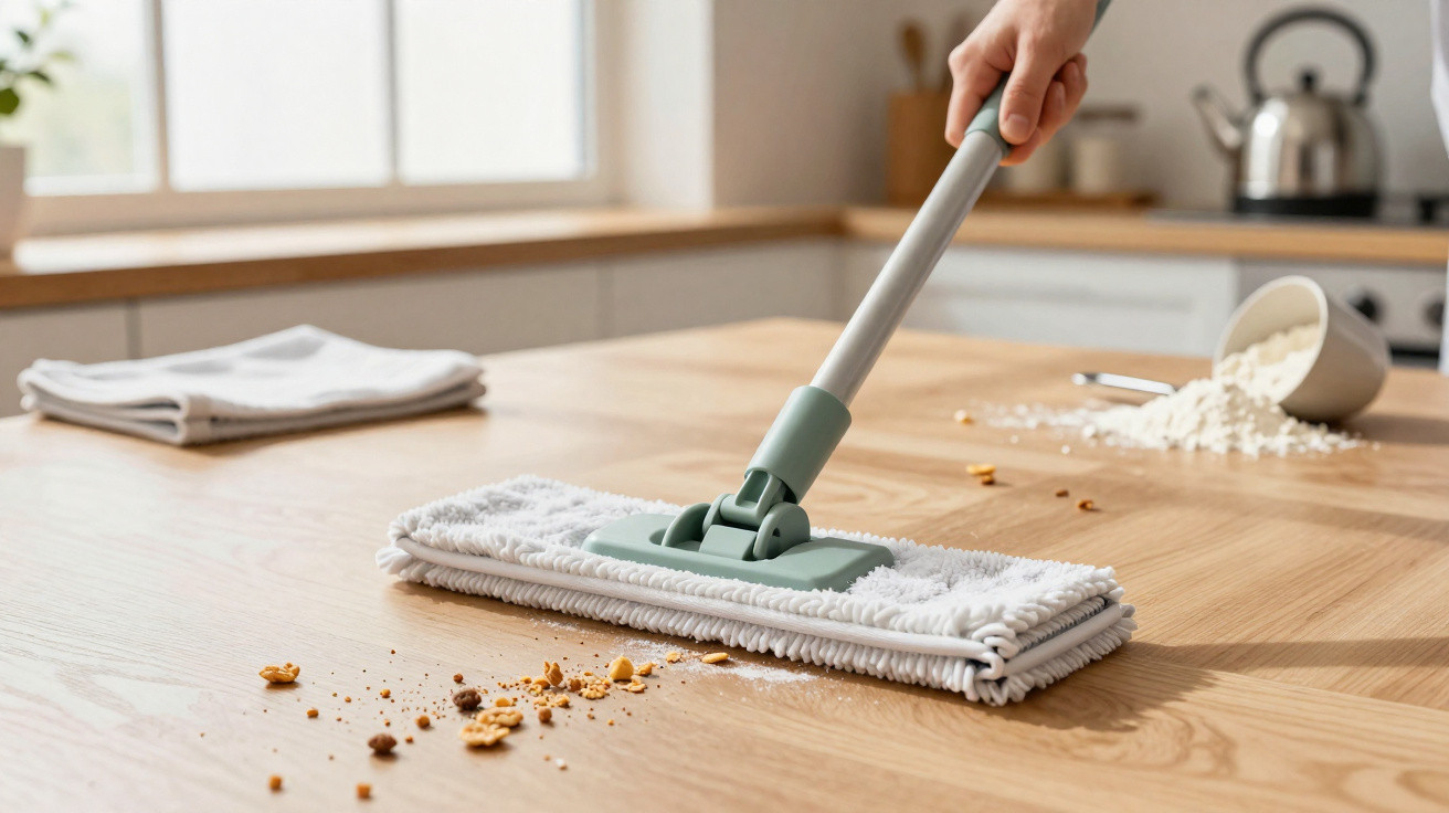 Pessoa limpando mesa de madeira com pano e rodo para remover migalhas e farinha espalhada.