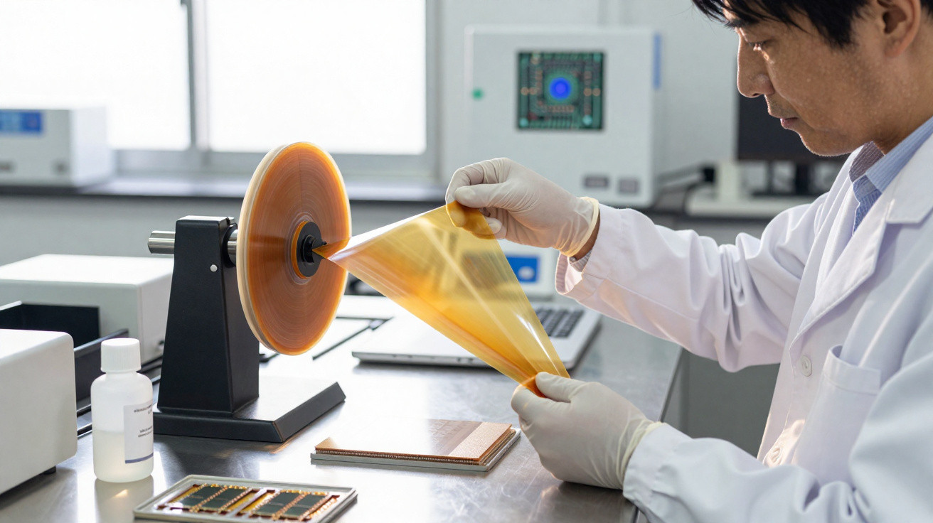 Pesquisador em laboratório analisando filme fino amarelo em equipamento giratório, usando jaleco e luvas.