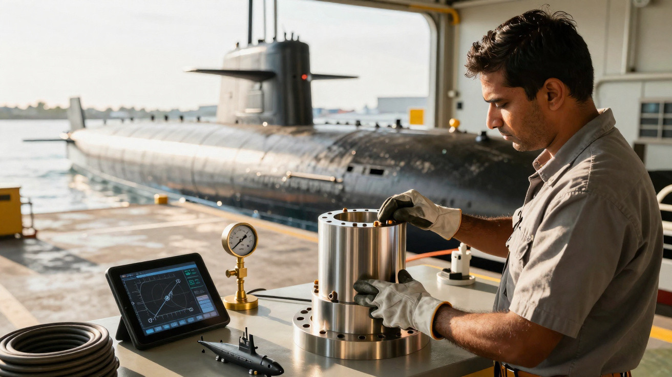 Homem trabalhando em peça metálica em oficina próxima a submarino atracado no porto.