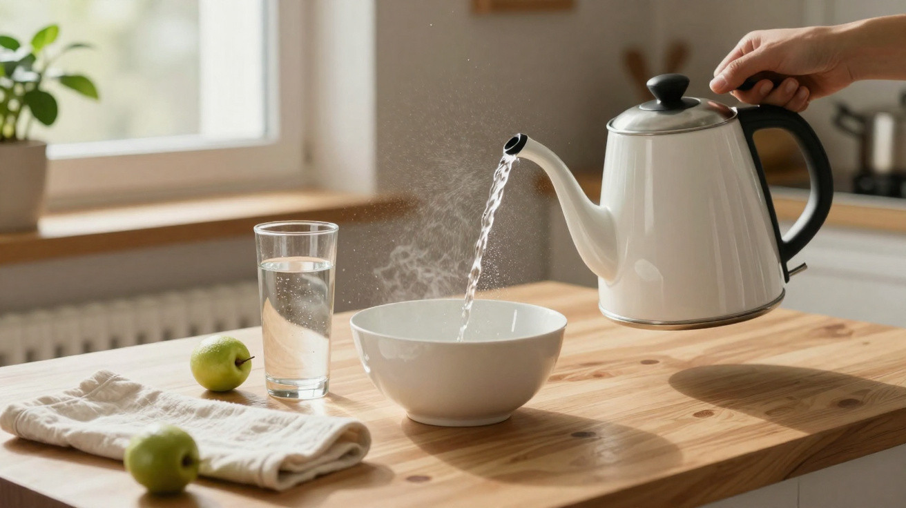 Mão segurando chaleira branca despejando água quente em uma tigela branca em mesa de madeira.