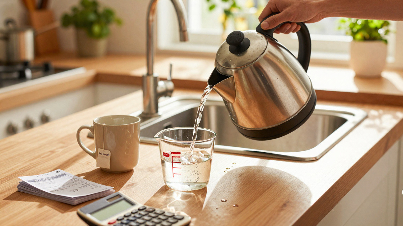 Pessoa despejando água quente de chaleira em copo medidor na cozinha com caneca e calculadora na bancada.