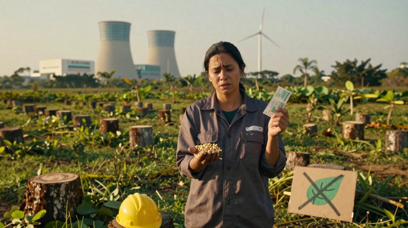 Mulher em plantação com tocos de árvore, segurando sementes e cartão, usina e turbina eólica ao fundo.