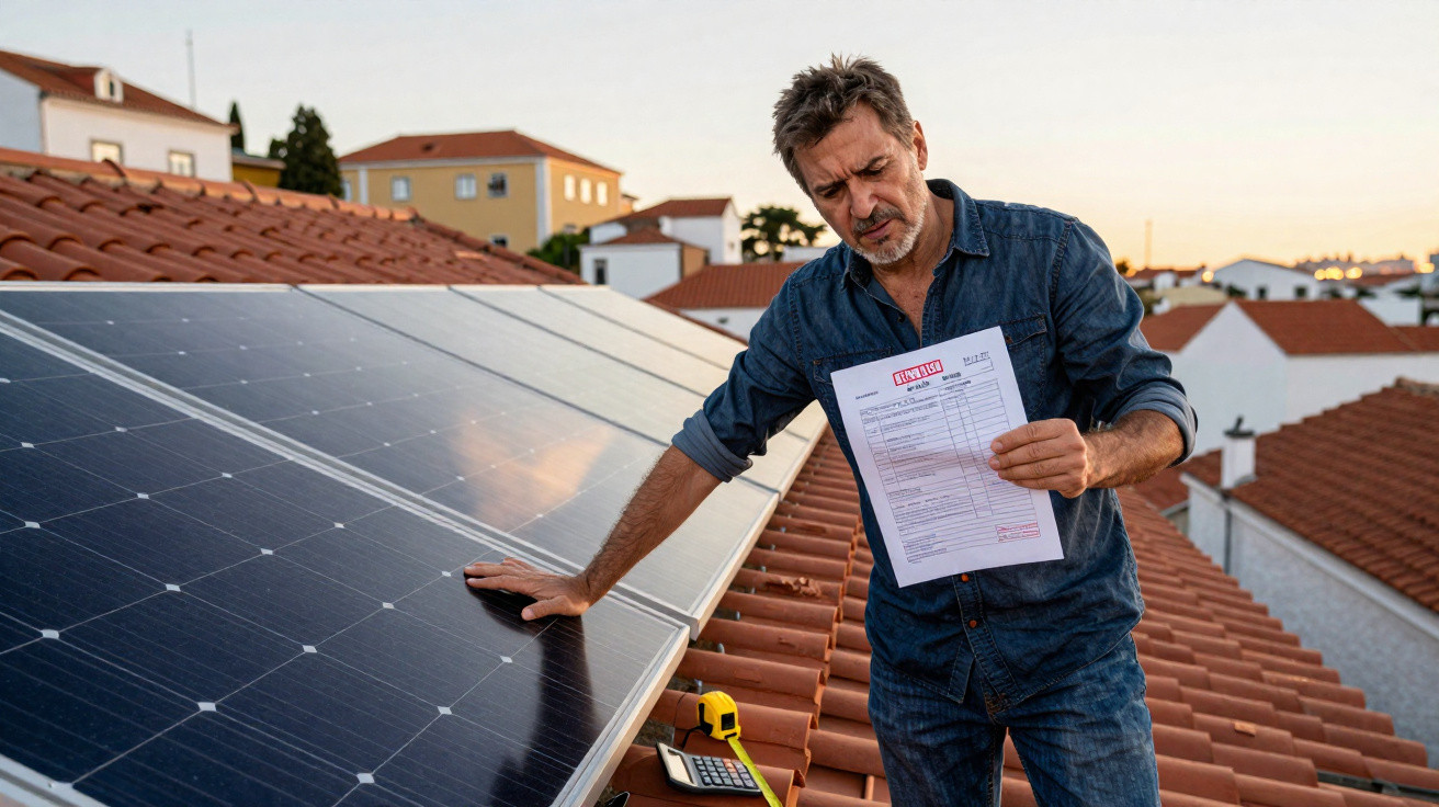 Homem preocupado no telhado com conta na mão ao lado de painéis solares durante o pôr do sol.
