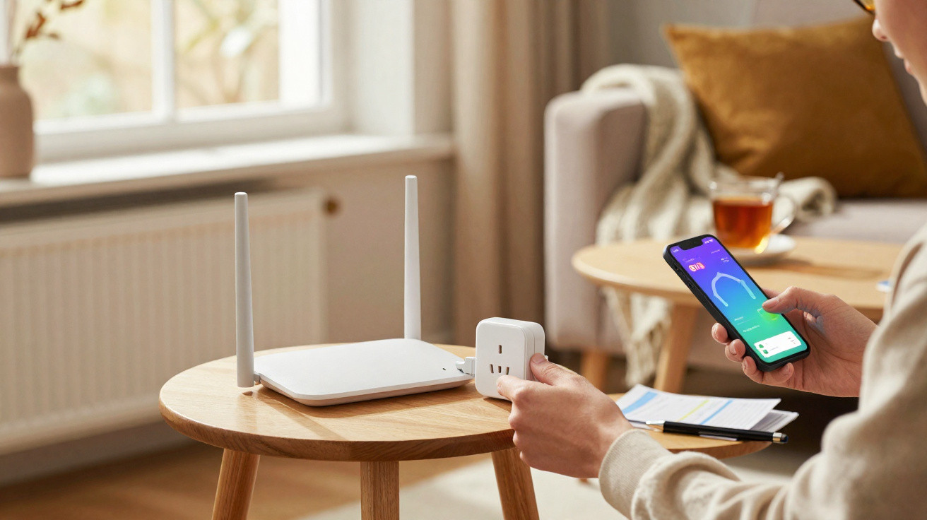 Pessoa segurando tomada inteligente e smartphone ao lado de roteador em uma mesa de centro.