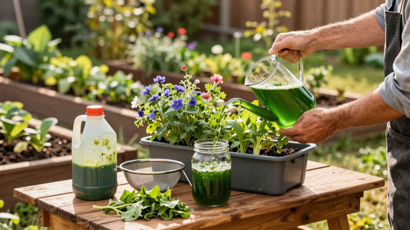 Pessoa regando plantas com regador transparente cheio de líquido verde em mesa com plantas e folhas.