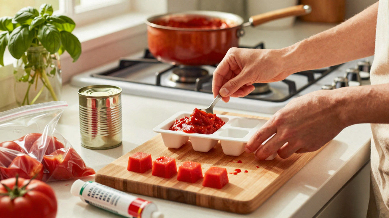 Pessoa colocando molho de tomate em forma de gelo para congelar cubos na cozinha.
