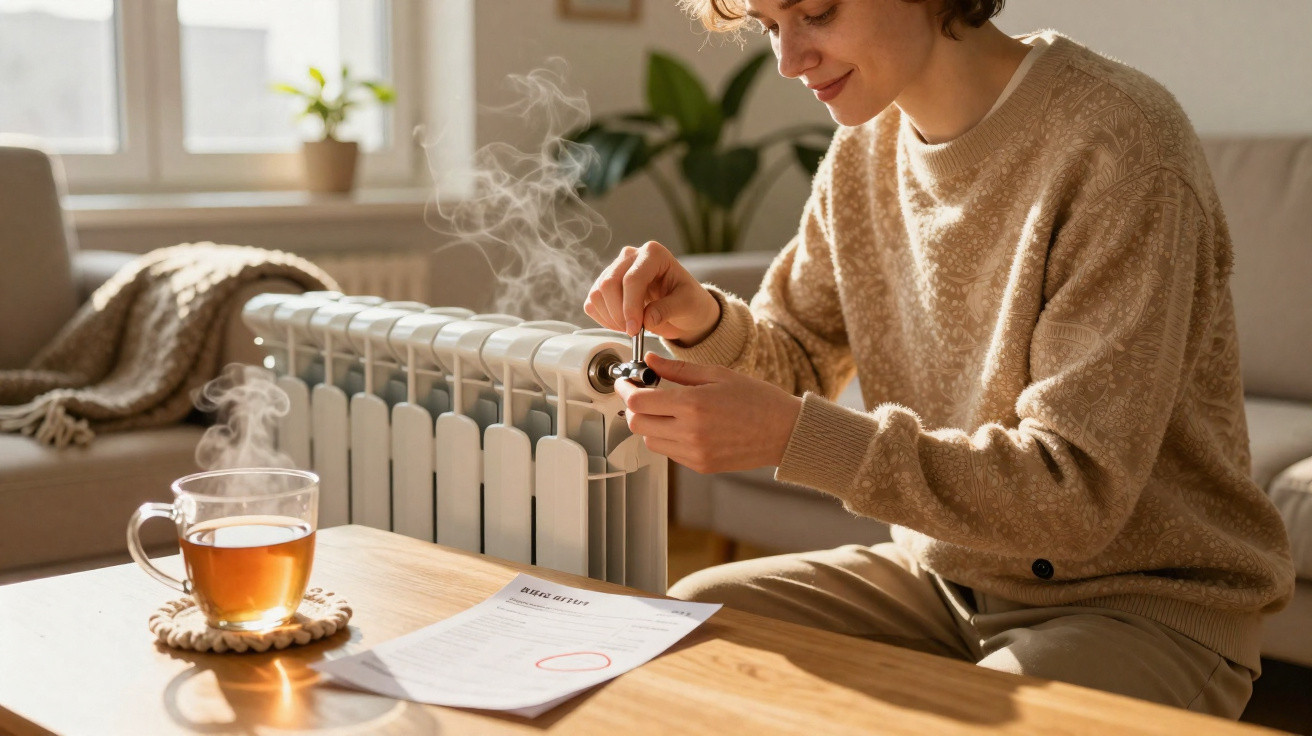 Mulher ajustando aquecedor em sala aconchegante com chá quente e documento sobre a mesa.