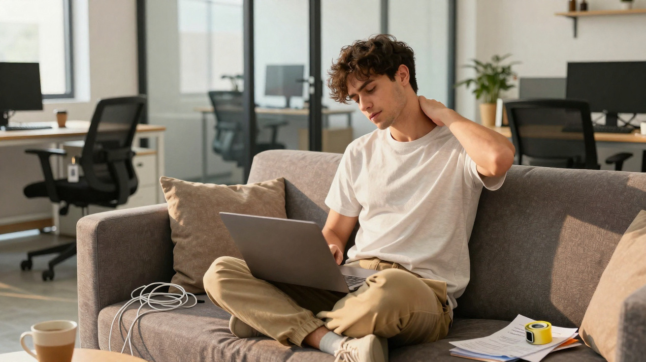 Jovem sentado no sofá com laptop no colo, segurando o pescoço, parece desconfortável no escritório.