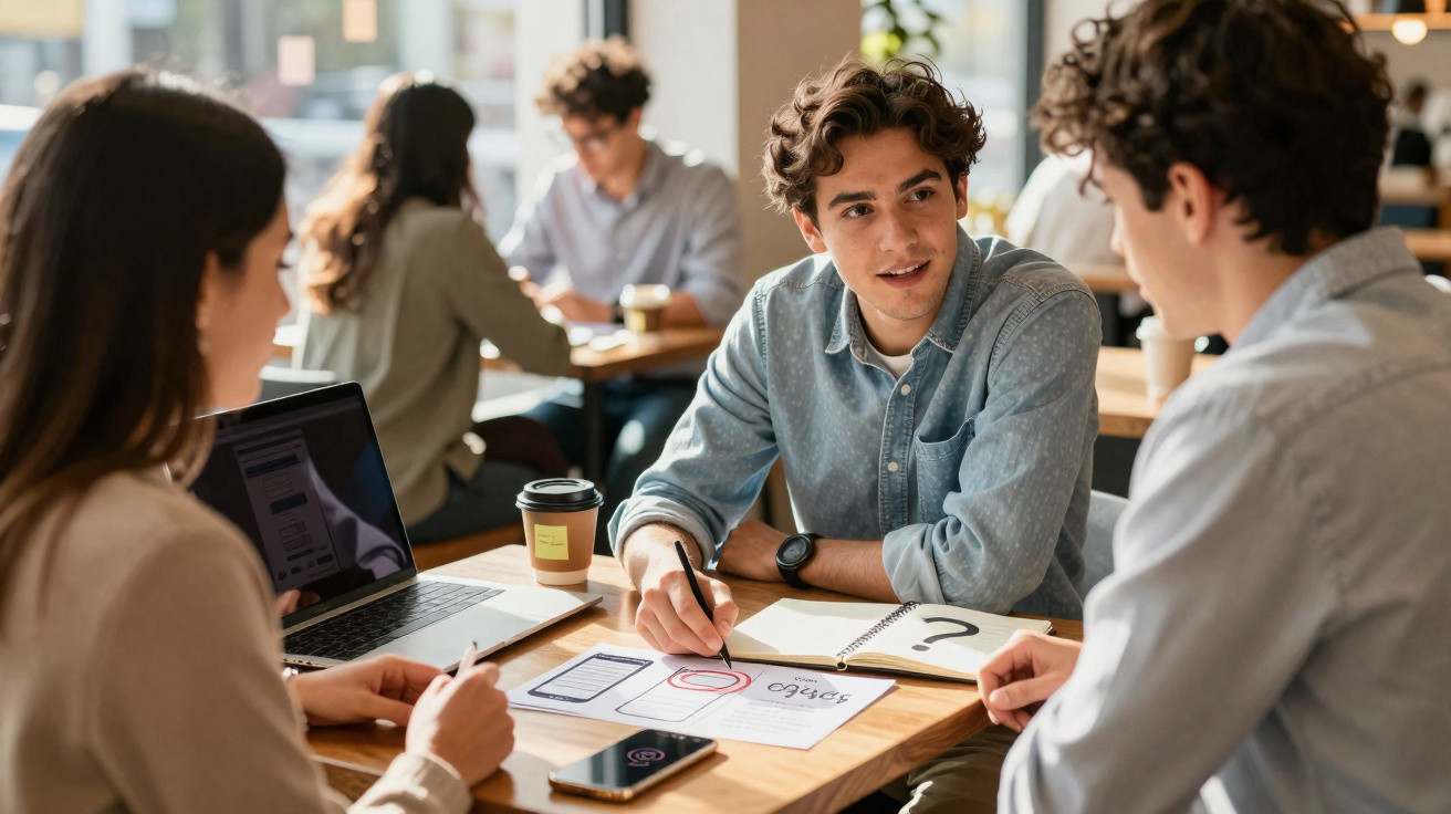 Três jovens trabalham juntos em mesa com laptop, cadernos e documentos em ambiente de café moderno.