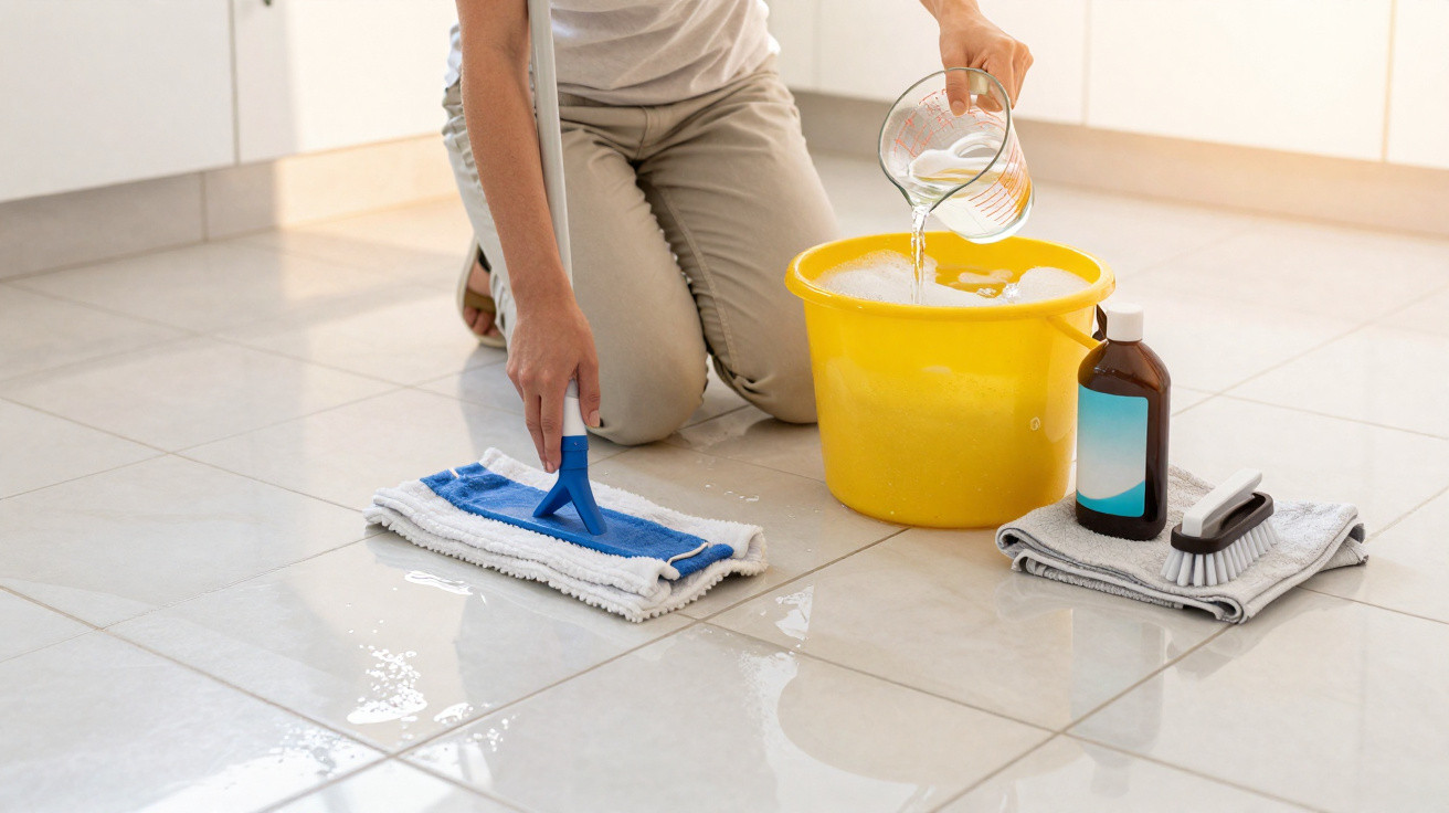 Pessoa ajoelhada limpando o chão com pano úmido, balde amarelo e produtos de limpeza ao lado.