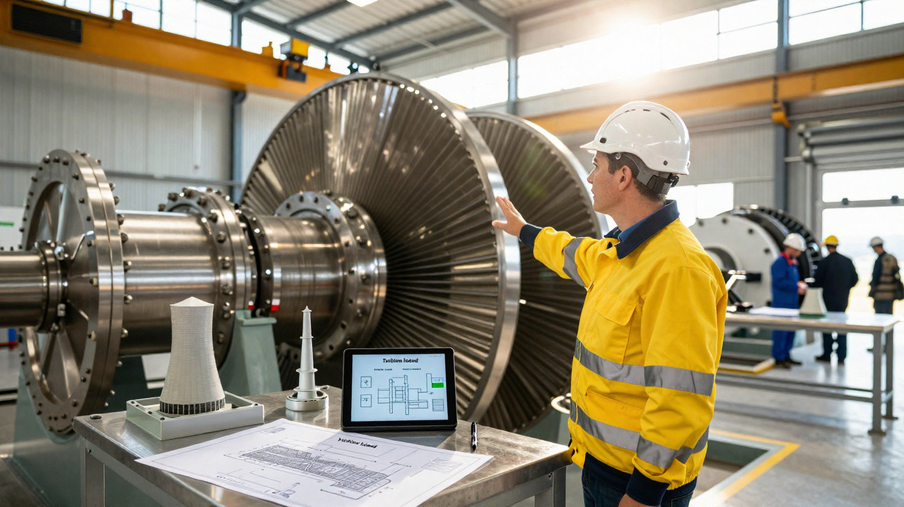 Engenheiro de segurança com capacete e jaqueta amarela inspeciona turbina em fábrica industrial.