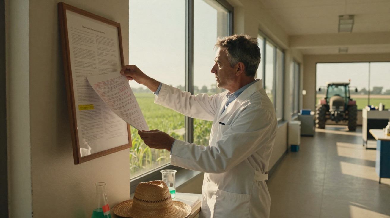 Homem de jaleco branco lendo documento em laboratório com janela para campo e trator ao fundo.