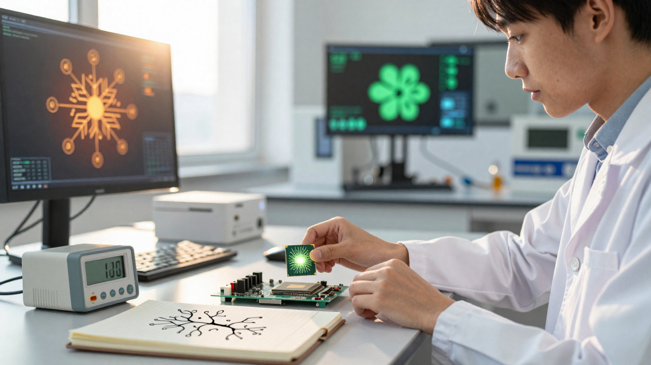 Pesquisador em laboratório manipulando chip eletrônico com gráficos digitais em monitores ao fundo.