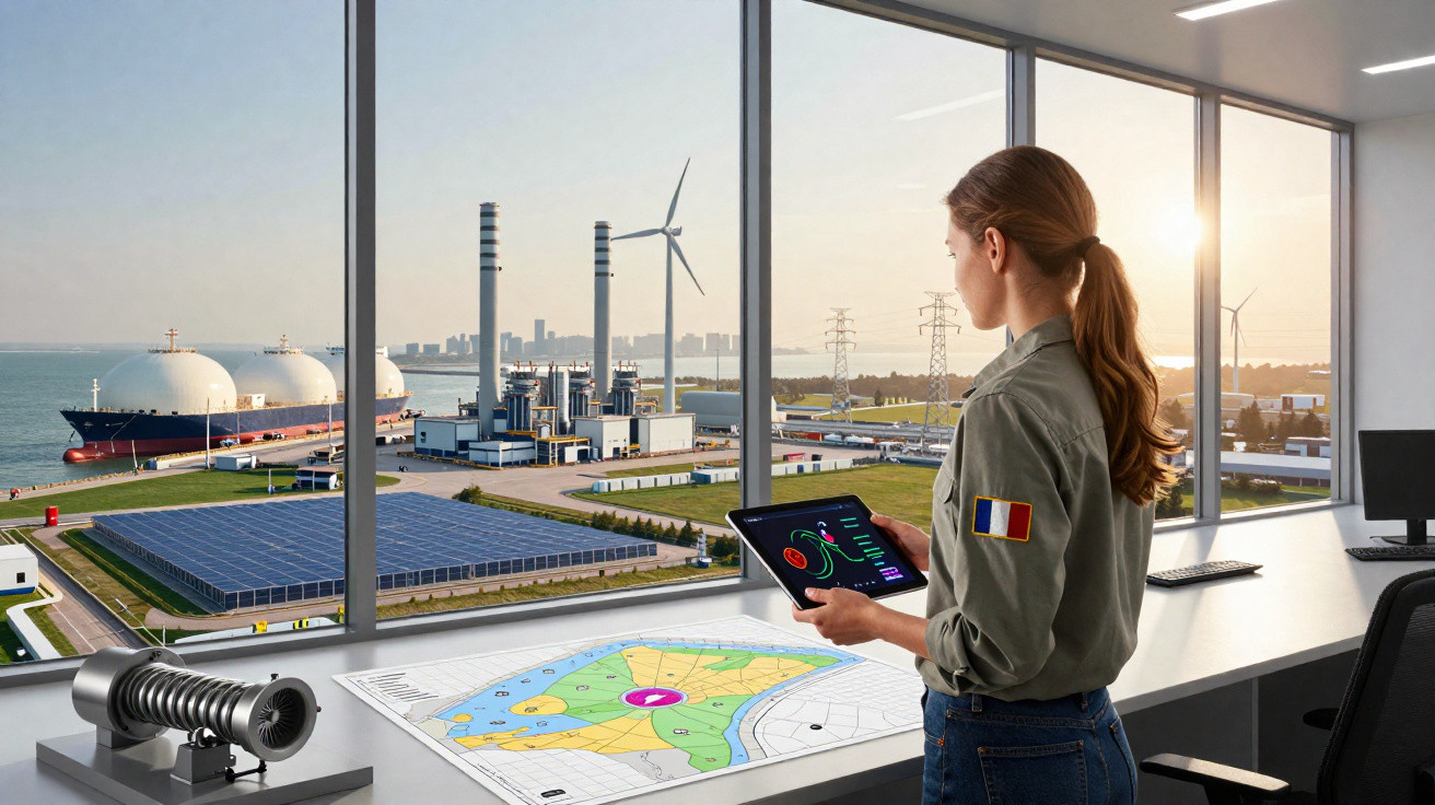 Mulher com tablet em sala com janela ampla mostrando usina, hélices e navios ao fundo.