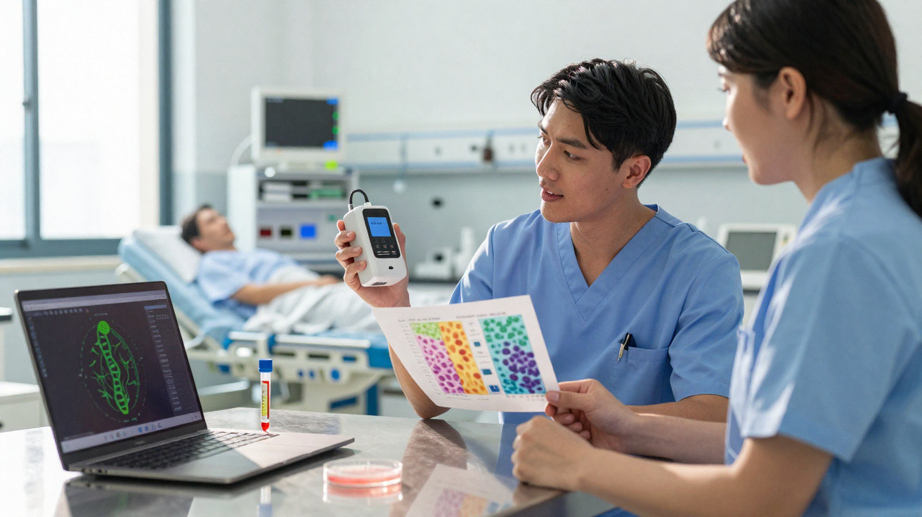Profissionais de saúde analisam dados genéticos em laboratório com paciente hospitalizado ao fundo.