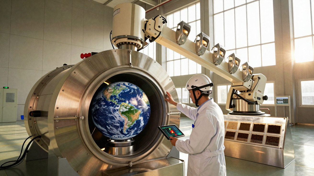 Cientista com capacete usando tablet ao lado de máquina futurista com globo terrestre dentro em laboratório.