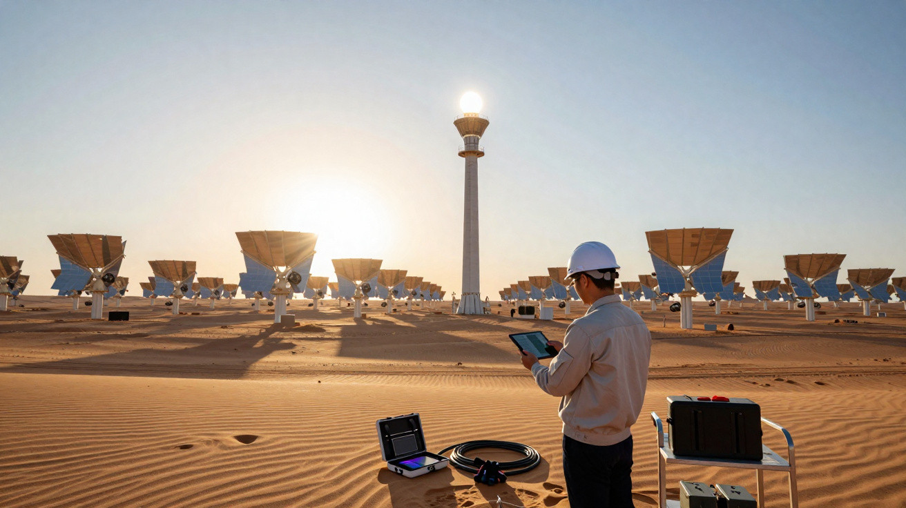 Técnico em capacete analisa equipamento em deserto com painel solar e torre de energia ao fundo ao pôr do sol.