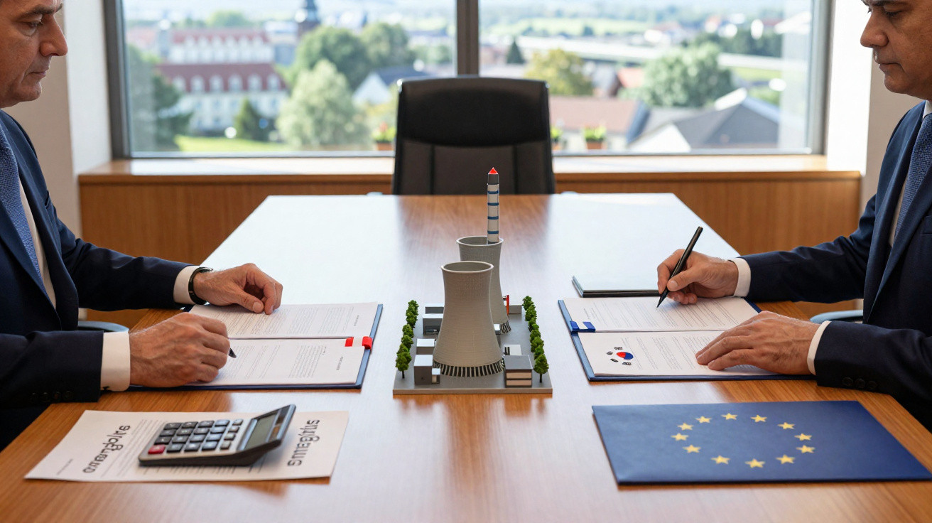 Duas pessoas em reunião assinam documentos com maquete de usina nuclear e pastas na mesa.