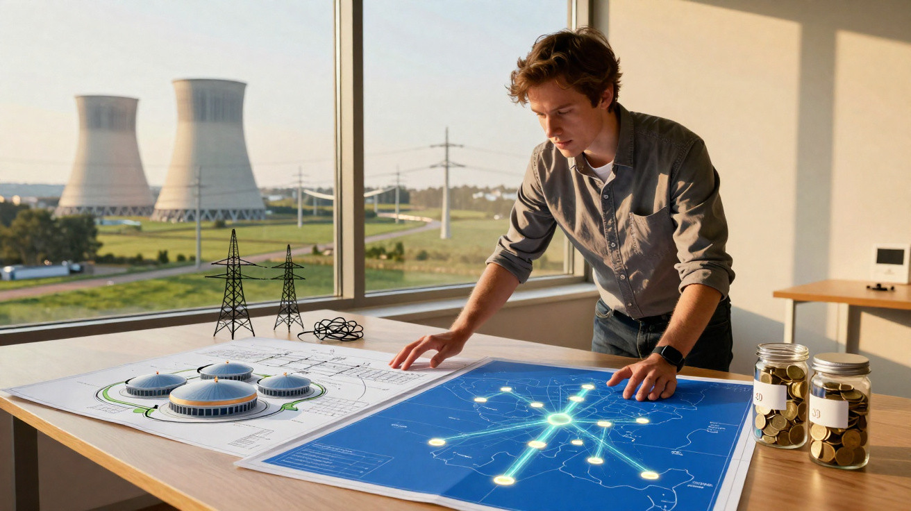 Jovem analisa mapas e maquete de usina nuclear em mesa perto de janela com vista para torres de resfriamento.