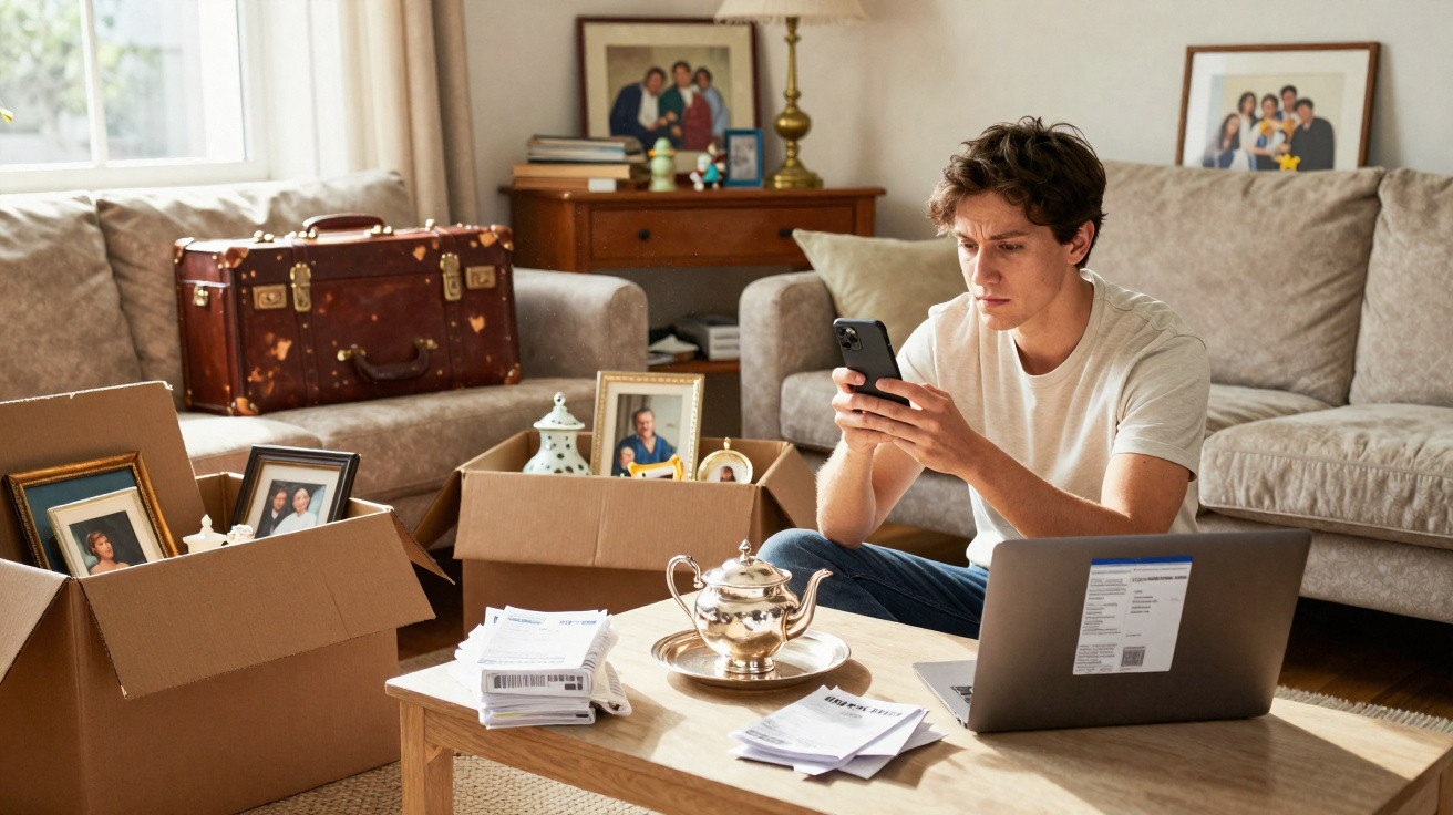 Jovem sentado no chão entre caixas com fotos, usando celular e laptop em sala com sofá e móveis.