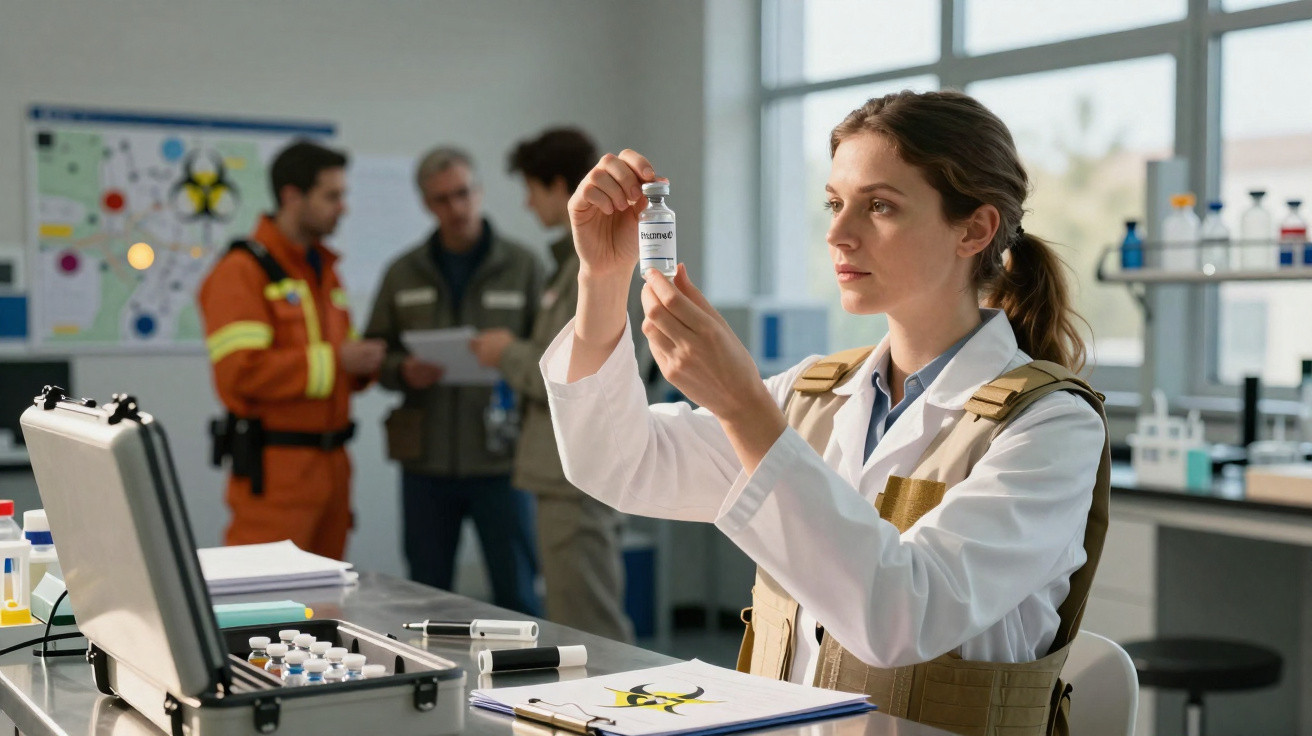 Mulher cientista examina amostra em laboratório com pessoas e equipamentos ao fundo.
