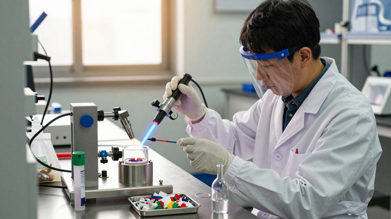 Cientista com proteção usando maçarico em bancada de laboratório para experimento científico.