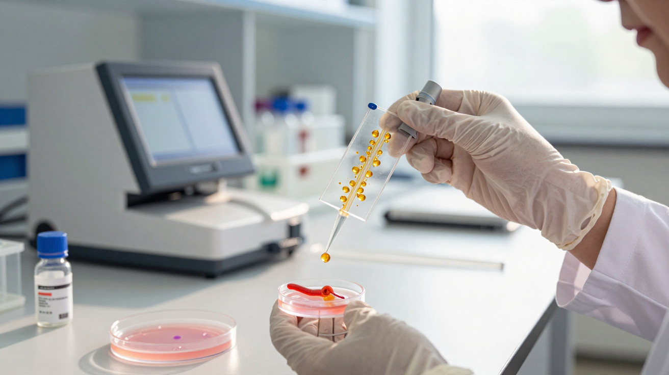 Mãos com luvas manipulando placa de Petri com pipeta em laboratório com equipamento ao fundo.