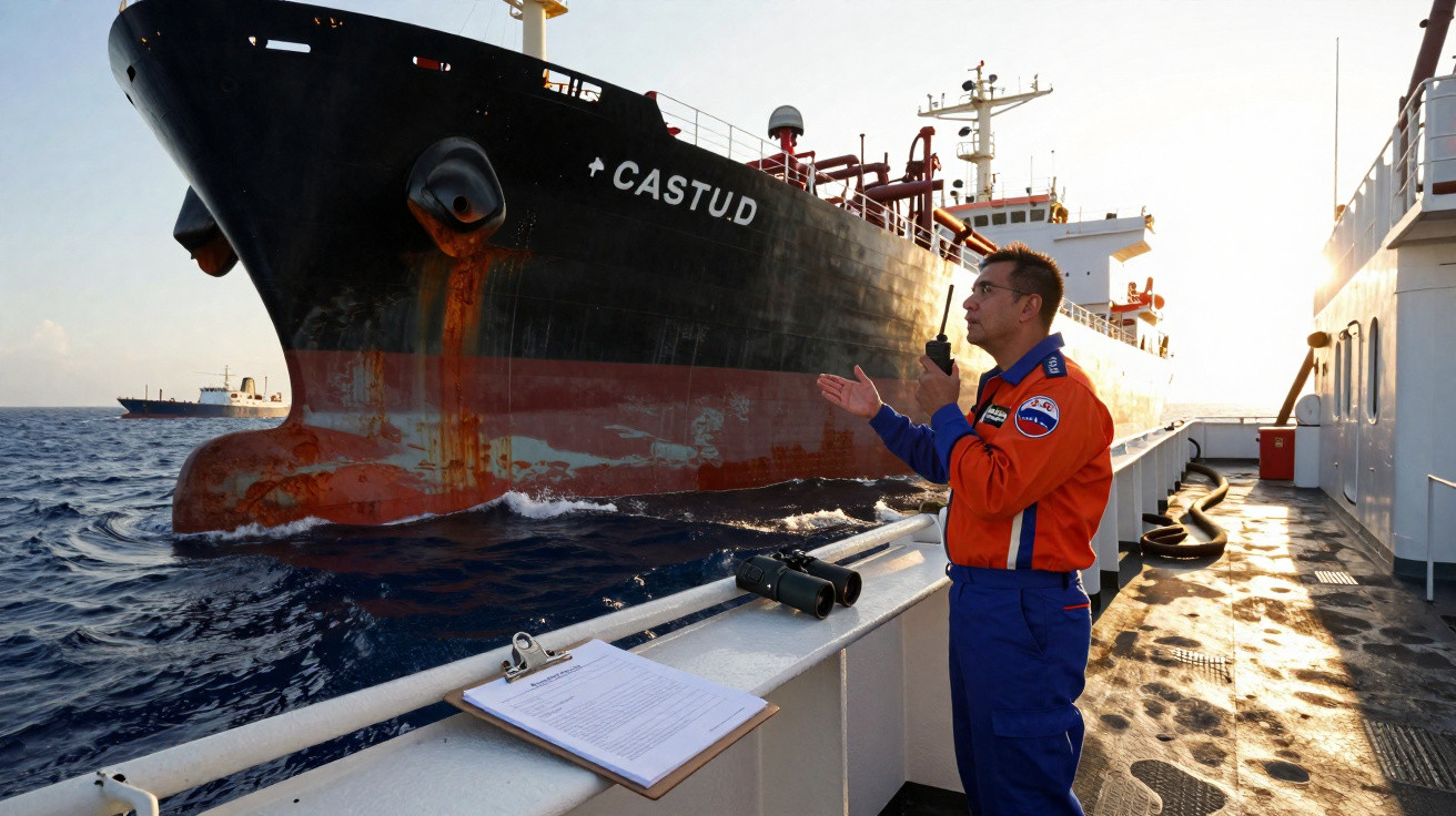 Homem em uniforme laranja e azul comunica-se via rádio perto de navio preto e laranja com nome Castud no mar.