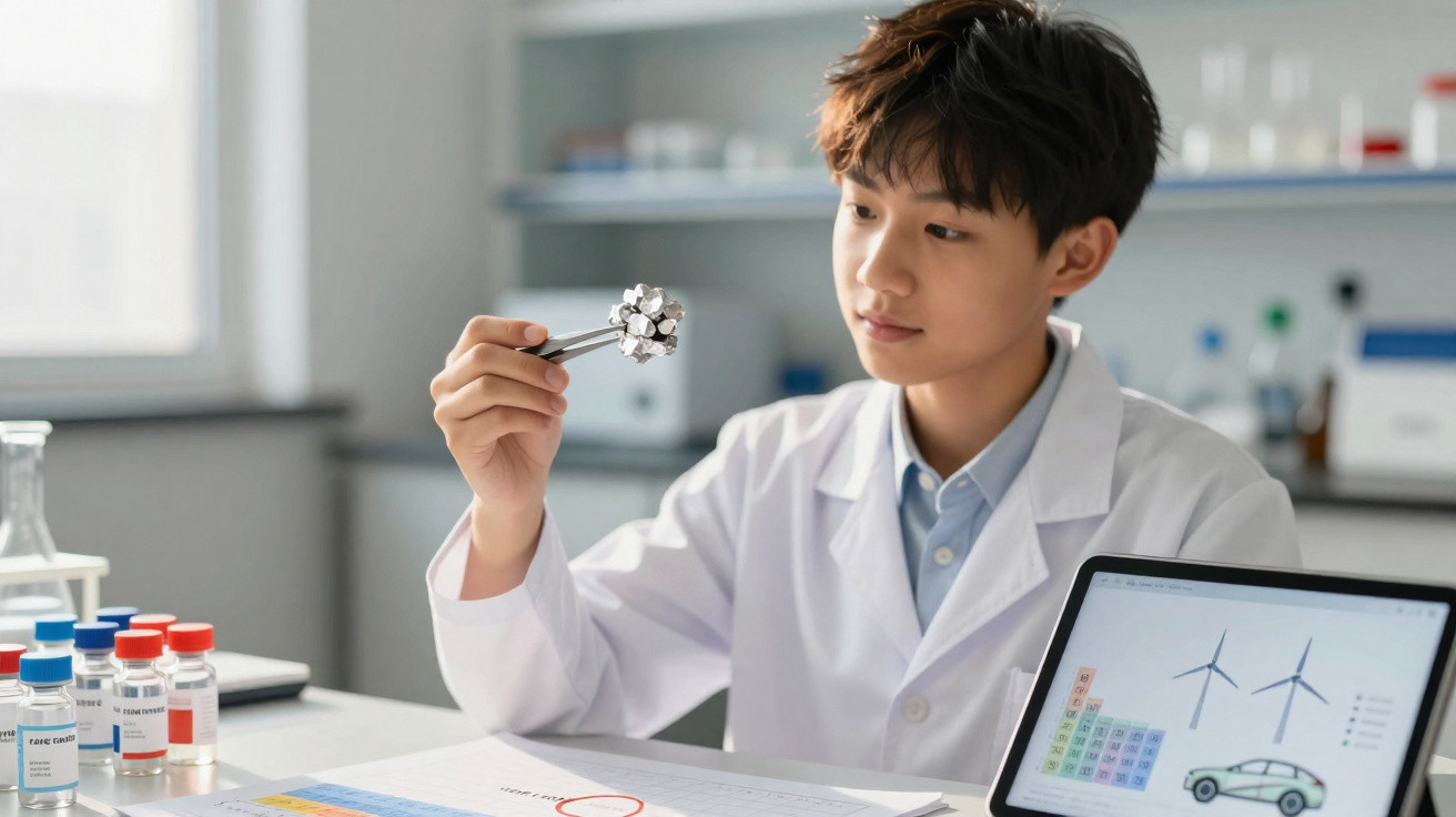 Jovem cientista em laboratório segurando modelo molecular, com tablet exibindo gráfico de energia eólica.