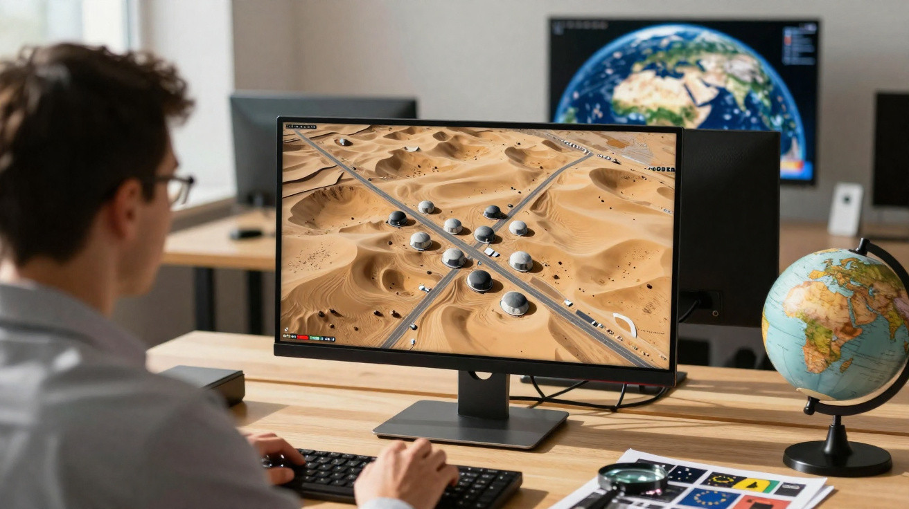 Pessoa em estação de trabalho olhando para computador com simulação de base em deserto e globo terrestre ao lado.