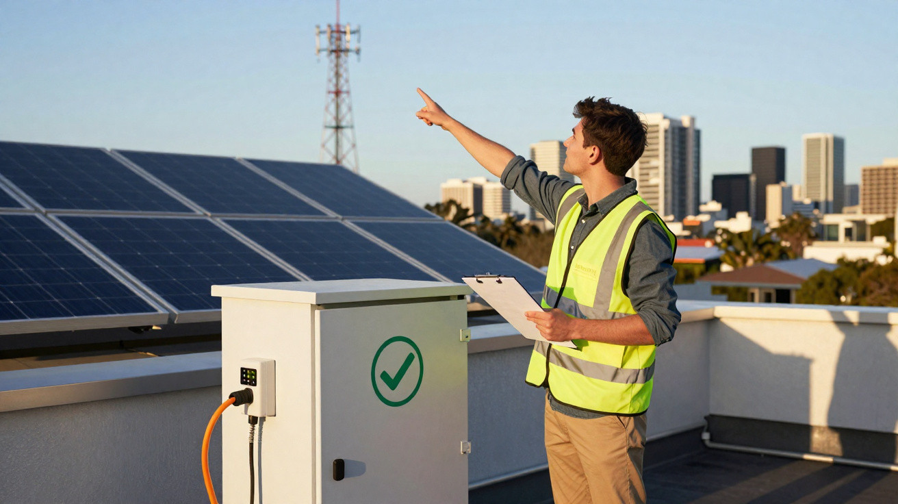 Técnico inspeciona painéis solares em telhado com prancheta e colete refletivo.