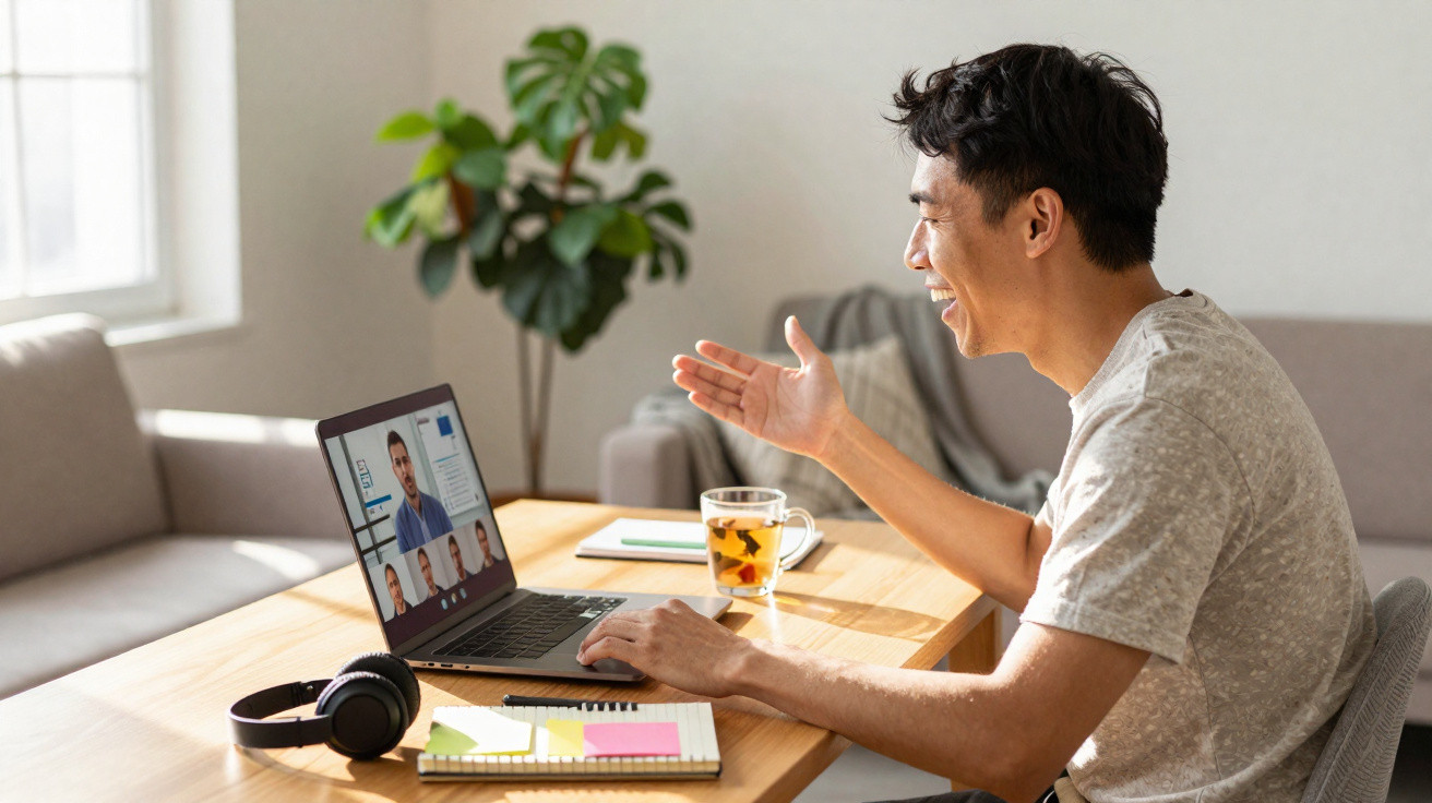 Homem sorridente participa de videoconferência em laptop, sentado à mesa com chá, fones e caderno.