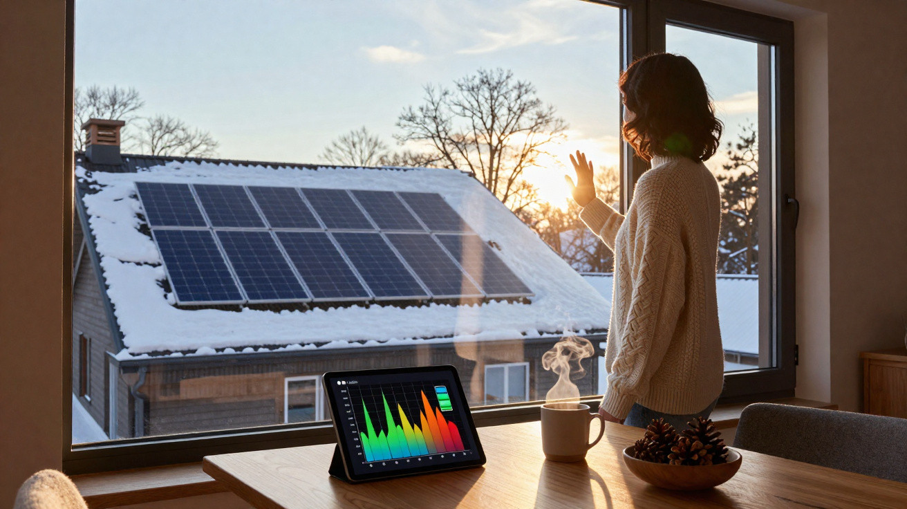 Mulher observa painéis solares em telhado com neve, ao pôr do sol, em ambiente interno com tablet e xícara quente.