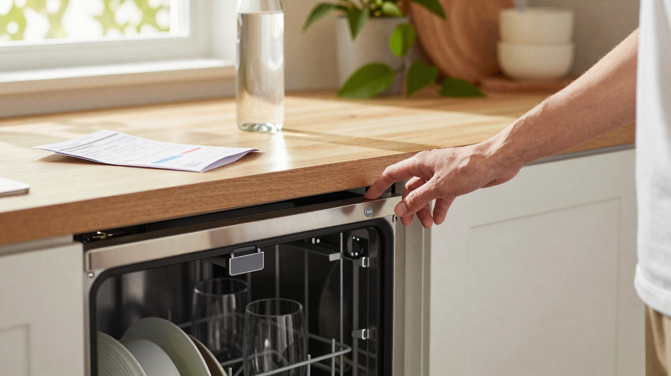 Mão abrindo máquina de lavar louça embutida em cozinha com bancada de madeira e utensílios dentro.