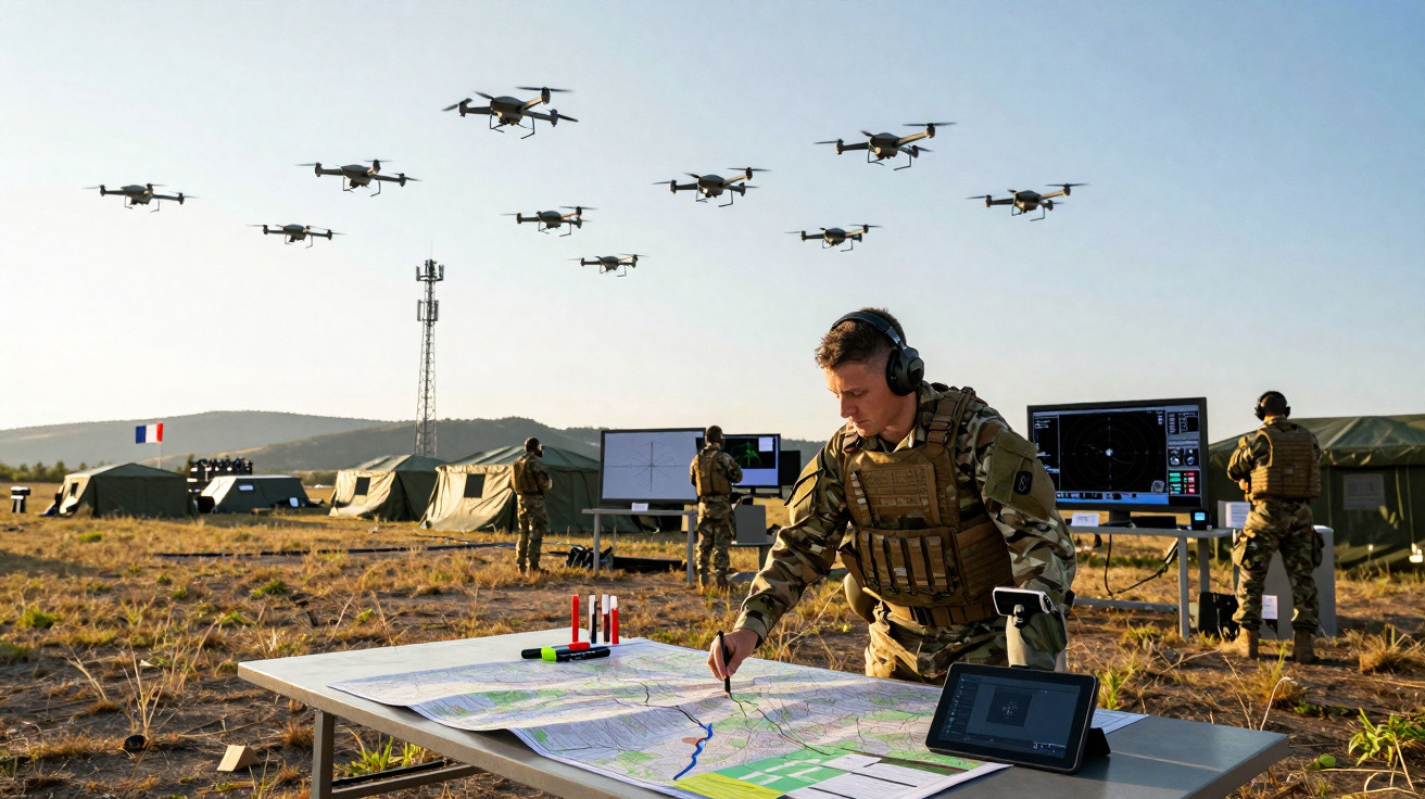 Soldado francês em campo comandando análise tática com até 12 drones voando ao fundo.