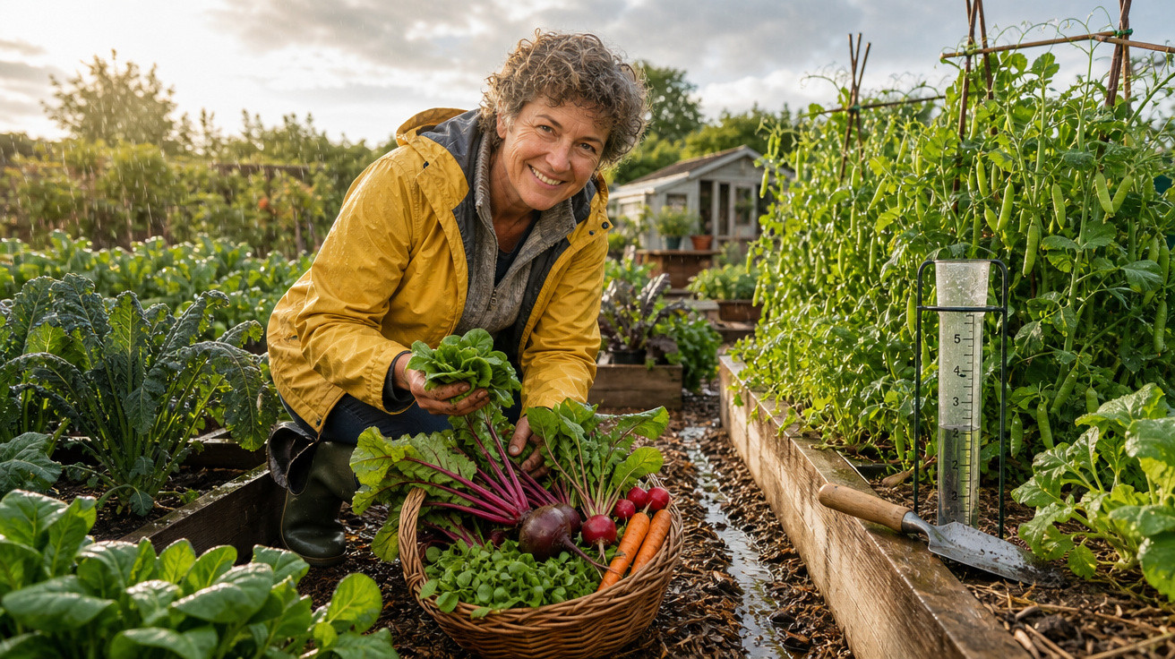 Mulher sorridente com jaqueta amarela colhendo vegetais frescos em cesto no jardim comunitário ao amanhecer.