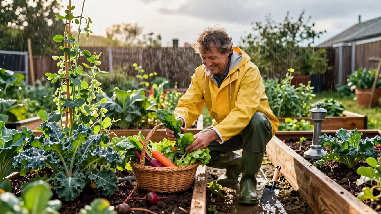 Homem de capa amarela colhendo verduras em horta elevada durante chuva leve no jardim.