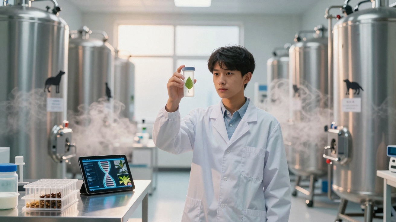 Cientista jovem com jaleco branco segurando frasco com folha em laboratório de biotecnologia.