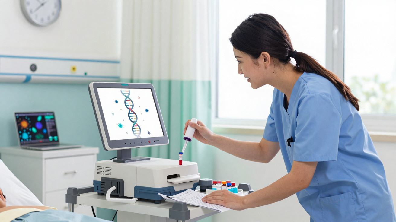 Profissional de saúde analisando exame de DNA em laboratório com monitor e tubos de coleta.