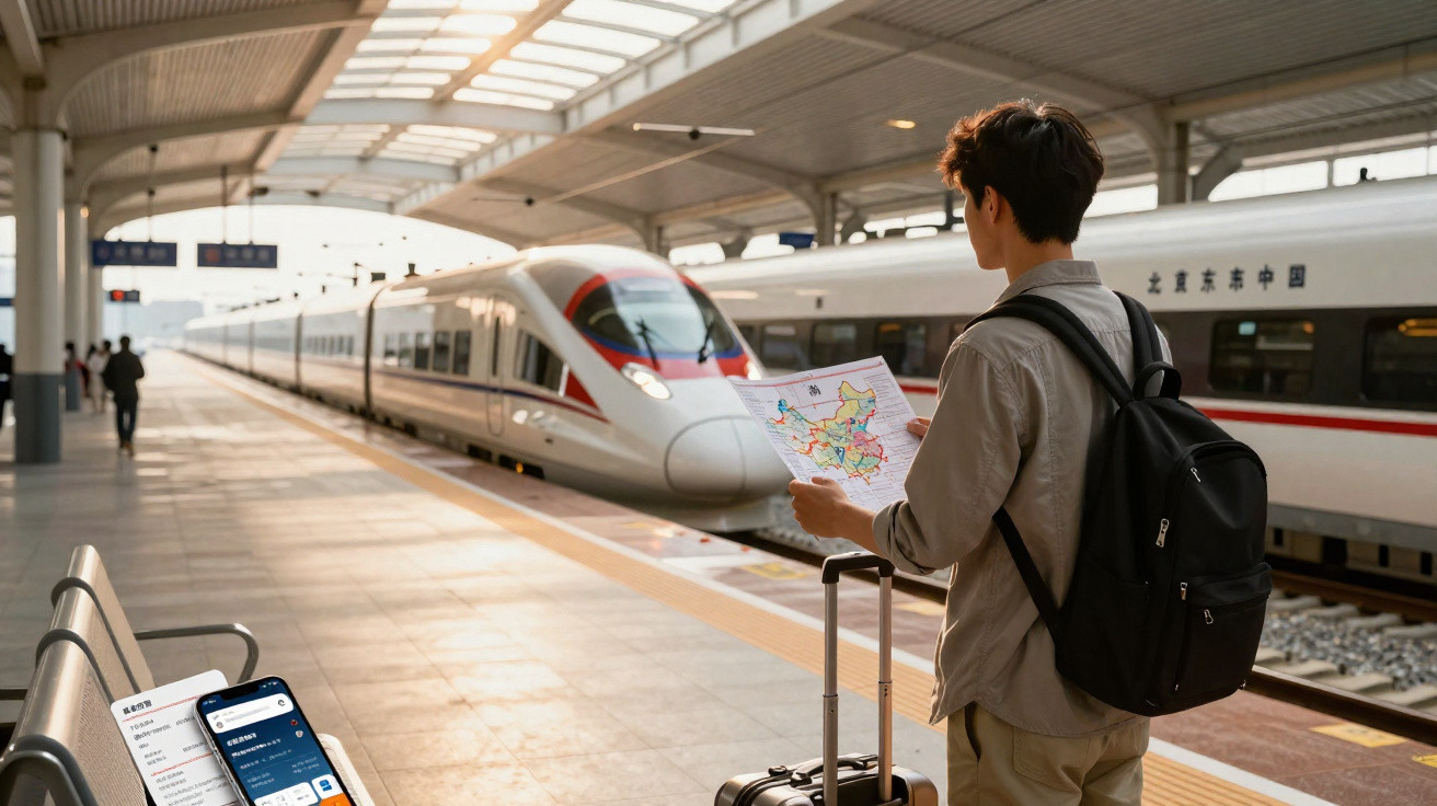 Homem com mochila consultando mapa na plataforma de estação com trem de alta velocidade ao fundo.
