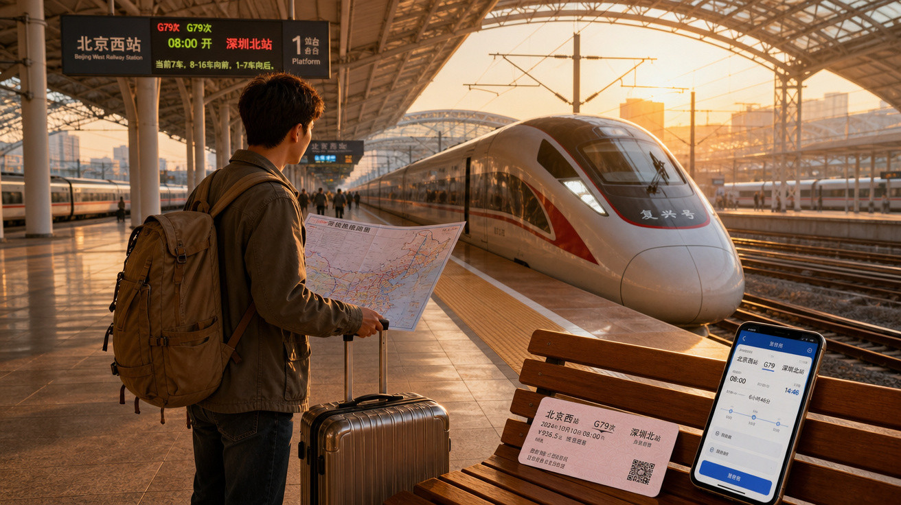 Homem com mochila e mala consulta mapa na plataforma de estação de trem moderno ao pôr do sol.