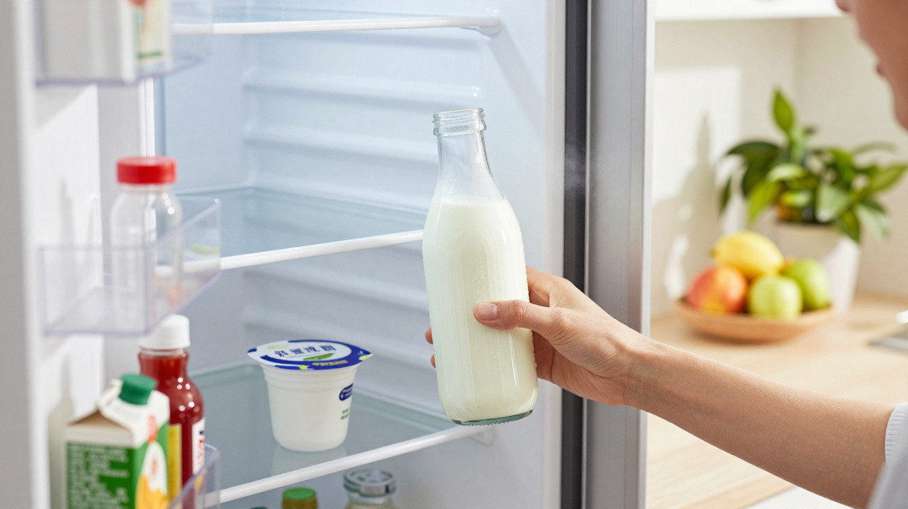 Pessoa retirando garrafa de leite de vidro da geladeira com alimentos ao fundo.
