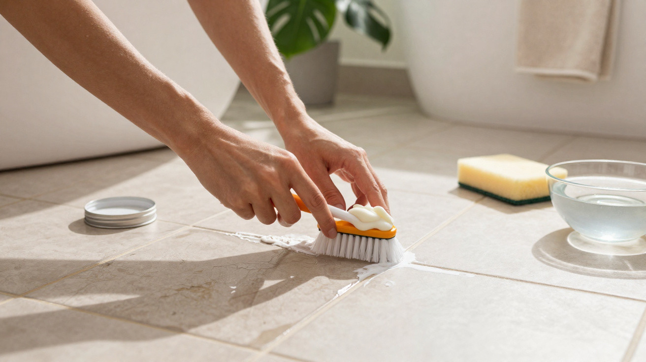 Mãos limpando rejunte de piso cerâmico com escova e produto de limpeza em ambiente claro.