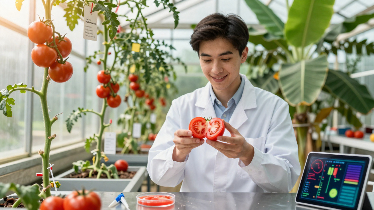 Pesquisador em jaleco observa tomate cortado ao meio dentro de estufa agrícola com plantas ao fundo.