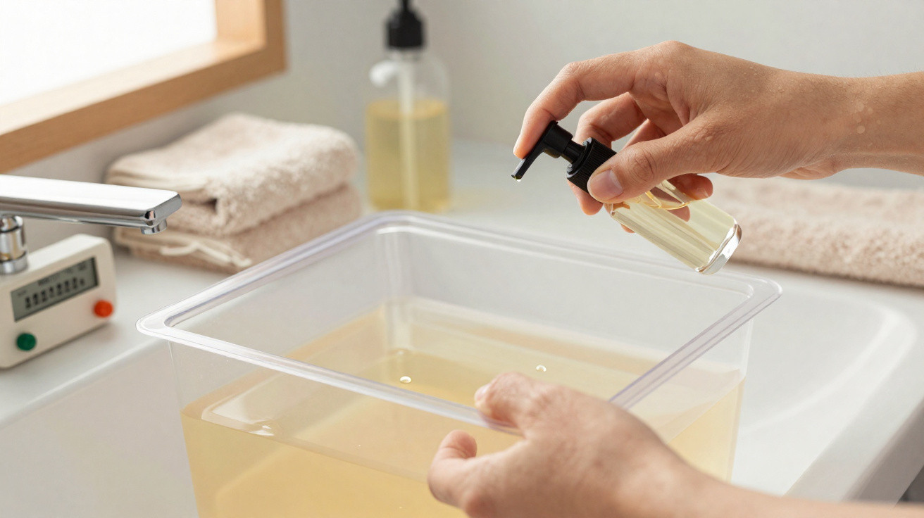 Mãos segurando recipiente com líquido amarelo e aplicando sabonete líquido em um lavabo.