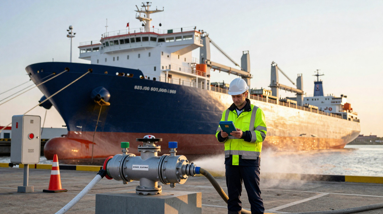 Trabalhador com colete e capacete opera equipamento ao lado de navio cargueiro atracado no porto ao pôr do sol.