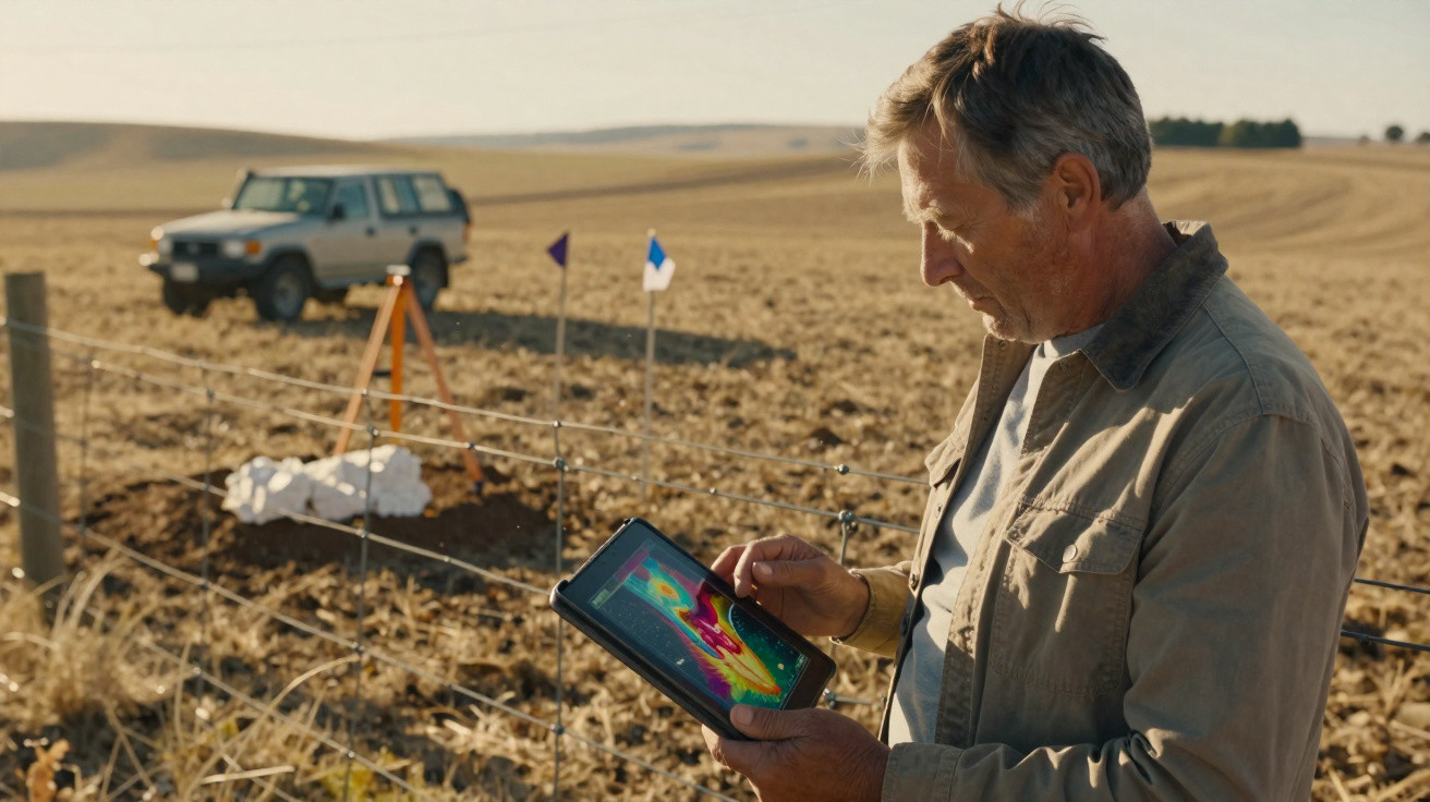 Homem usando tablet com imagem térmica em área rural com veículo e bandeiras ao fundo.