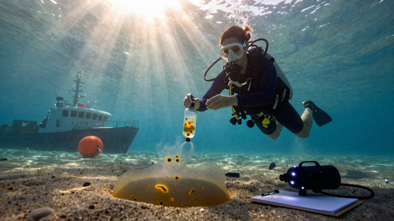 Mergulhador coleta amostras de água em garrafa próximo a esponja no fundo do mar, com barco e bóia ao fundo.