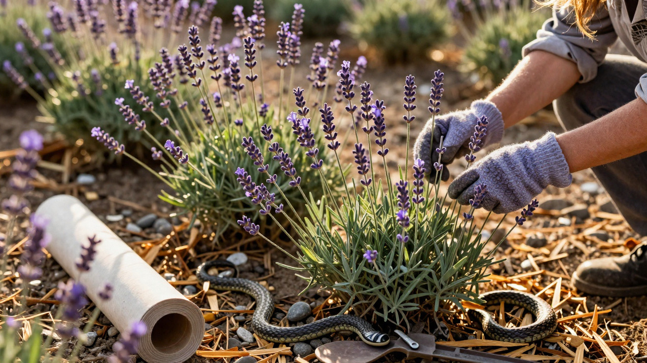 Pessoa cuidando de plantas de lavanda roxa com serpente no chão ao lado de ferramentas de jardinagem.